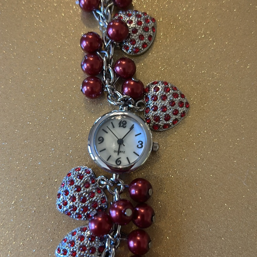 Quartz Watch Bracelet with Red Beads & Hearts on Silver Chain; Watch not working